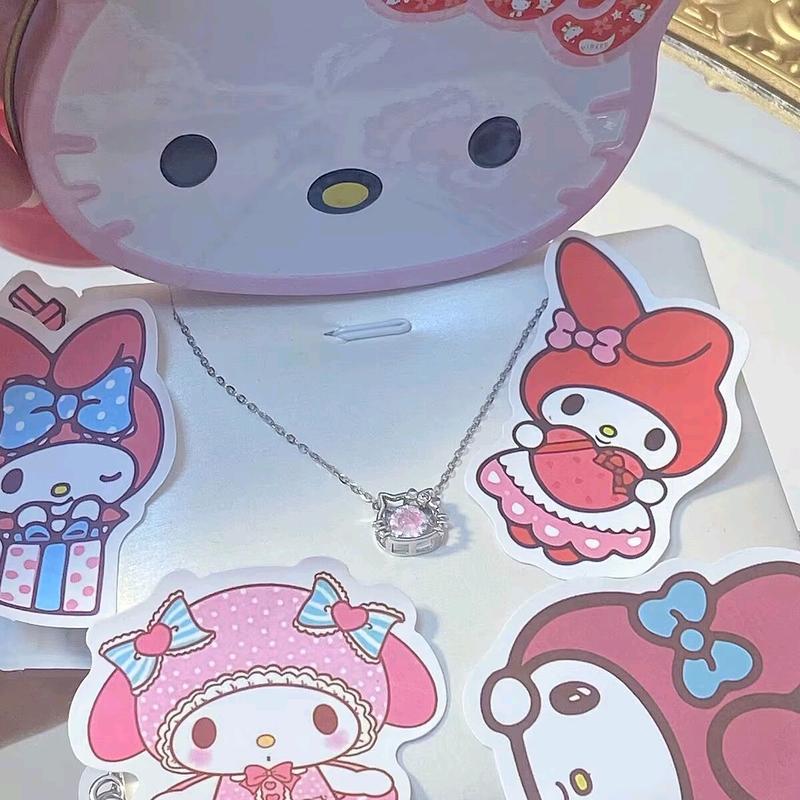 S925 Kalung Kucing KT  Merah Muda Hellokitty Rantai  Zircon  - Kalung Busur  Zircon HK - Kalung  Hellokitty 4