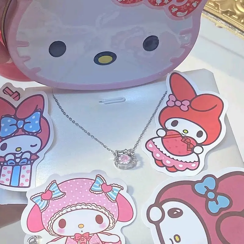 S925 Kalung Kucing KT  Merah Muda Hellokitty Rantai  Zircon  - Kalung Busur  Zircon HK - Kalung  Hellokitty 4