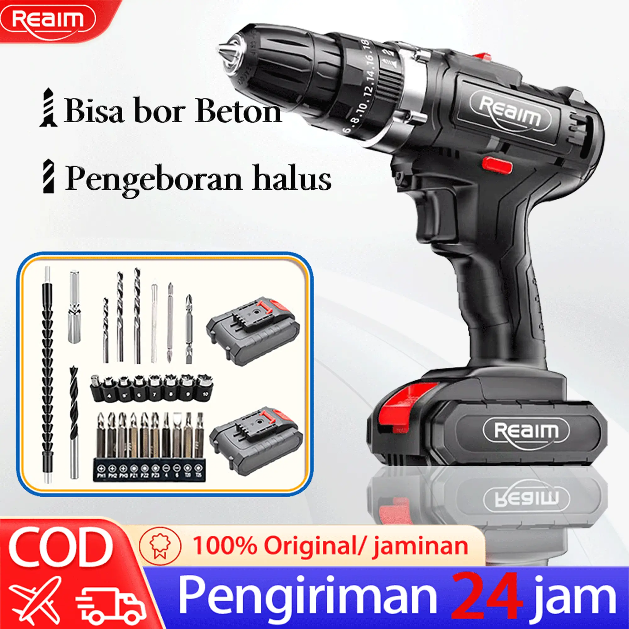 Reaim 218V Mesin Bor Baterai Tangan Cordless Drill Battery impact drill Cordless Electric Drill Impact Cordless Electric Drill