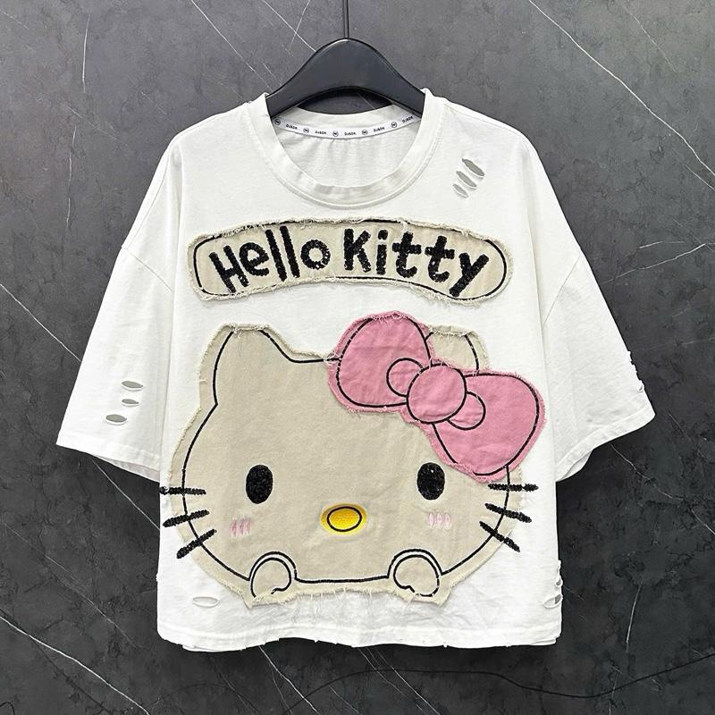 ÁO PHÔNG COTTON HAI CHIỀU LẠNH THÊU ĐÁP KIM SA HÌNH MẶT MÈO RÁCH TAY 2