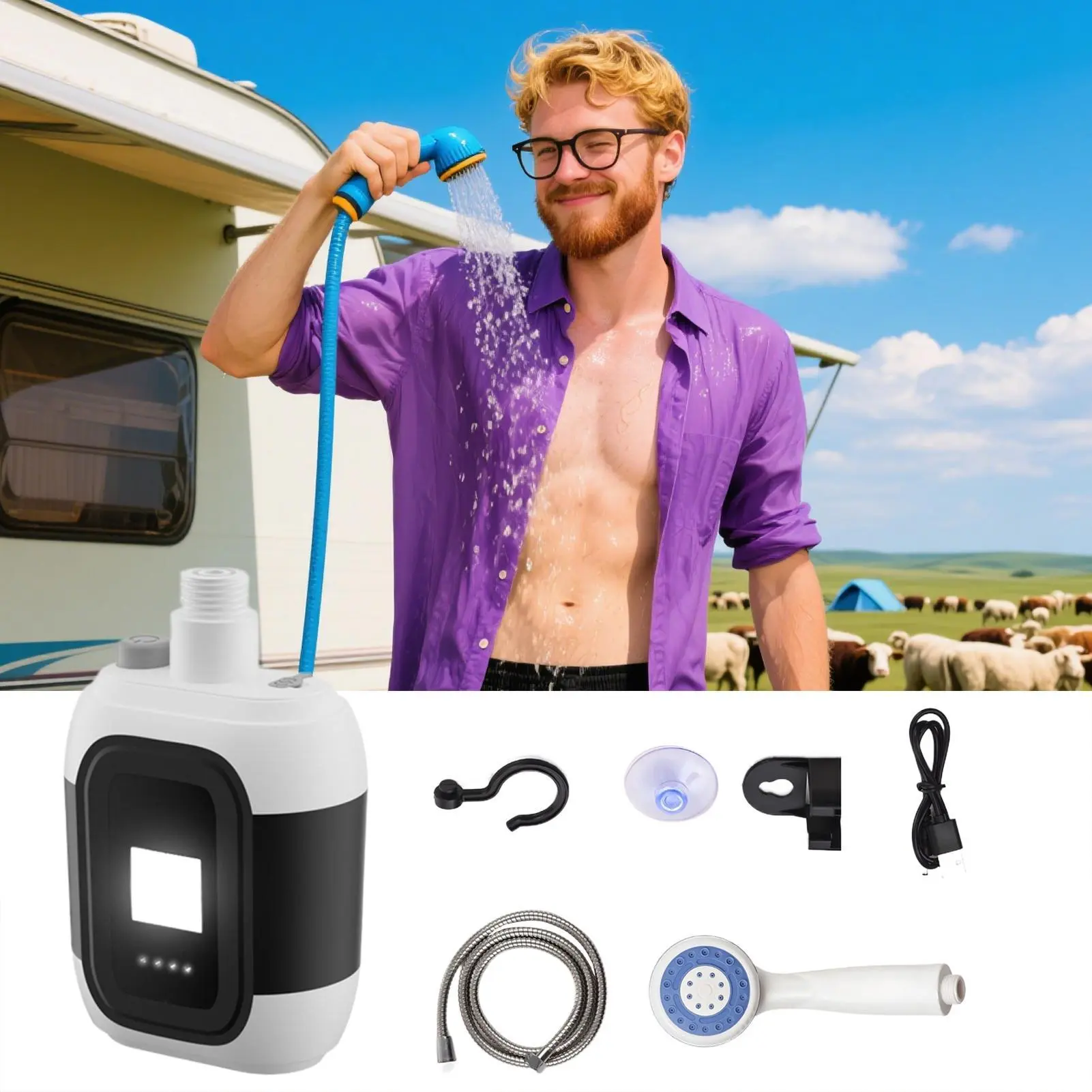 Portable Camping Shower Outdoor USB Rechargeable Electric Shower Pump for Camping Car Washing Gardening Pet Cleaning