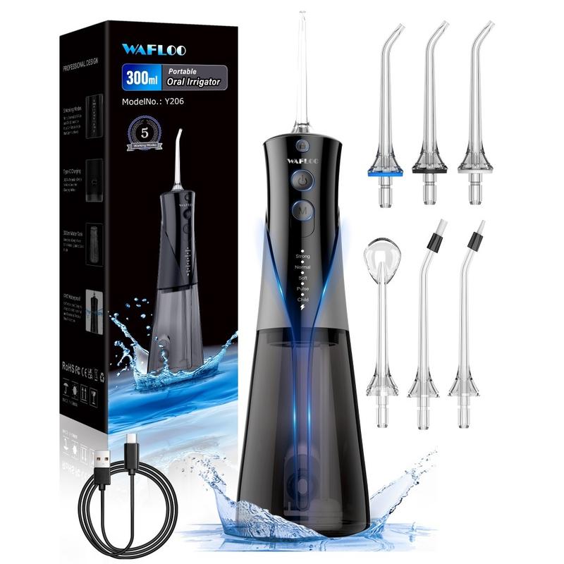 Máy đánh bóng nước cầm tay Máy tưới răng không dây 300ML Sạc USB Điện Nha khoa Máy làm sạch răng bằng nước với 4 vòi phun thay thế để du lịch tại nhà Chăm sóc răng miệng