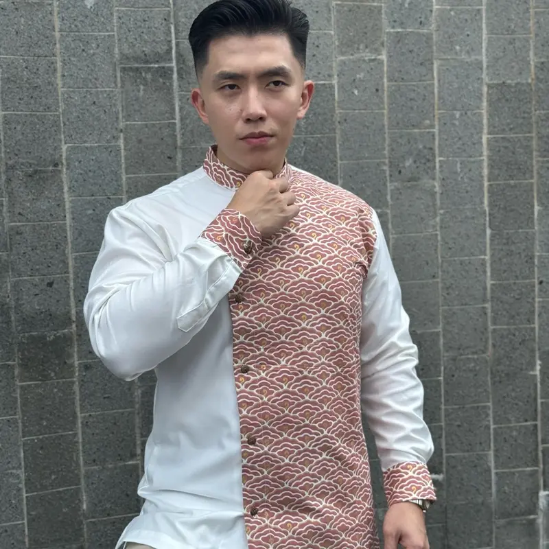 Kemeja Batik Kombinasi Pria, Slimfit, Katun Jepang, Putih Baby Pink Dusty, Batik Brijaya 0