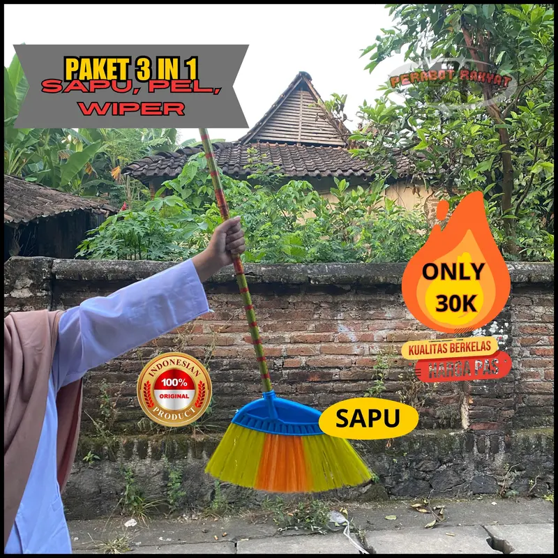 PAKET SAPU 3 IN 1 SAPU SENAR PEL & WIPER @3 ALAT BERSIH PLUS GAGANG PLASTIK serat nilon dengan gagang Lantai 7