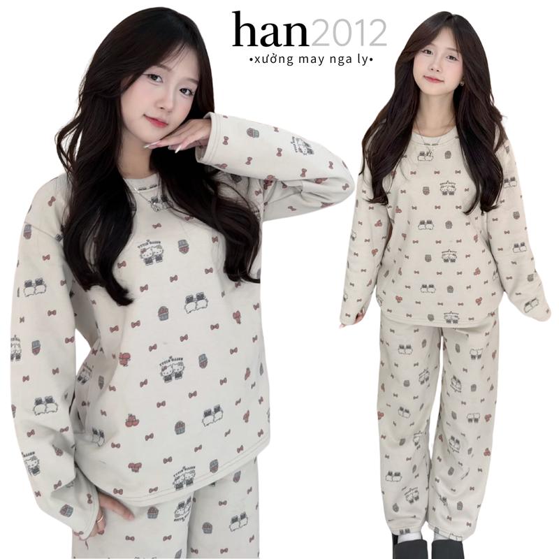 Set Đồ Bộ Mặc Nhà Nữ Thu Đông han2012 Chất Nỉ Bông Mỏng Dài Tay Quần Dài Hoạ Tiết Cute Form Rộng Đồ Ngủ Pijama