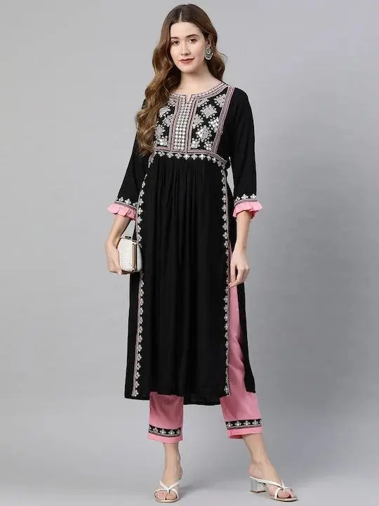 [Ready SG Stock] Black-Pink Embroidered A-line Naira Style Rayon Kurta & Pant 2 Pcs Punjabi Suit [Indian Dresses]