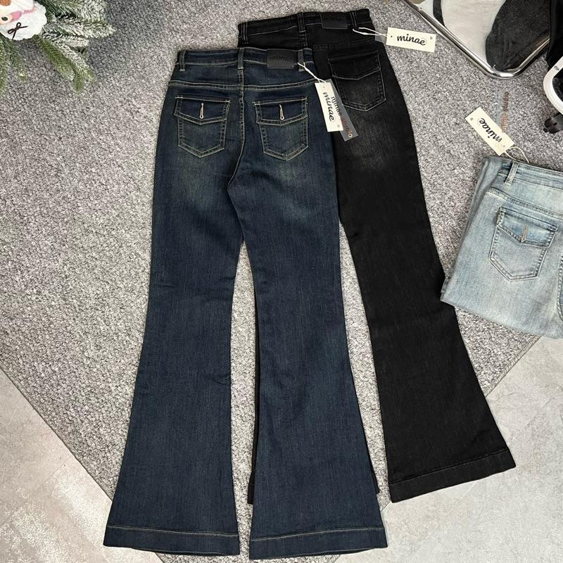   MINAE STUDIO  Quần Jean Ống Loe 2ZA Cao Cấp Phối Nắp Túi Kiểu 