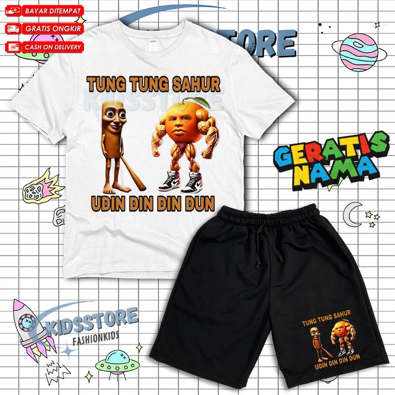 Setelan Anak Kaos Celana Pendek Tung Tung Sahur X Udin Din Din Dun Cotton Combed Baby Terry DTF Free Nama 1