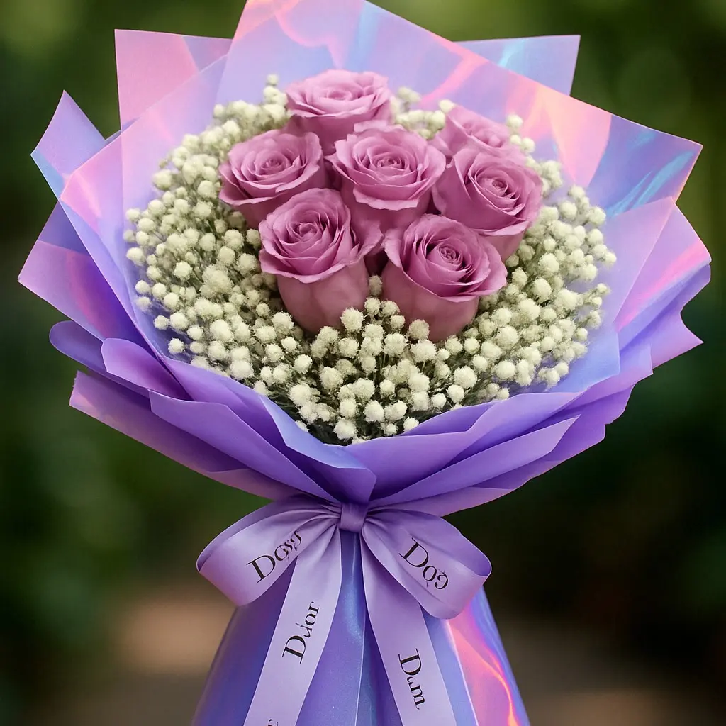 9 Stalks Purple Rose with White Baby's Breath Fresh Flower Bouquet