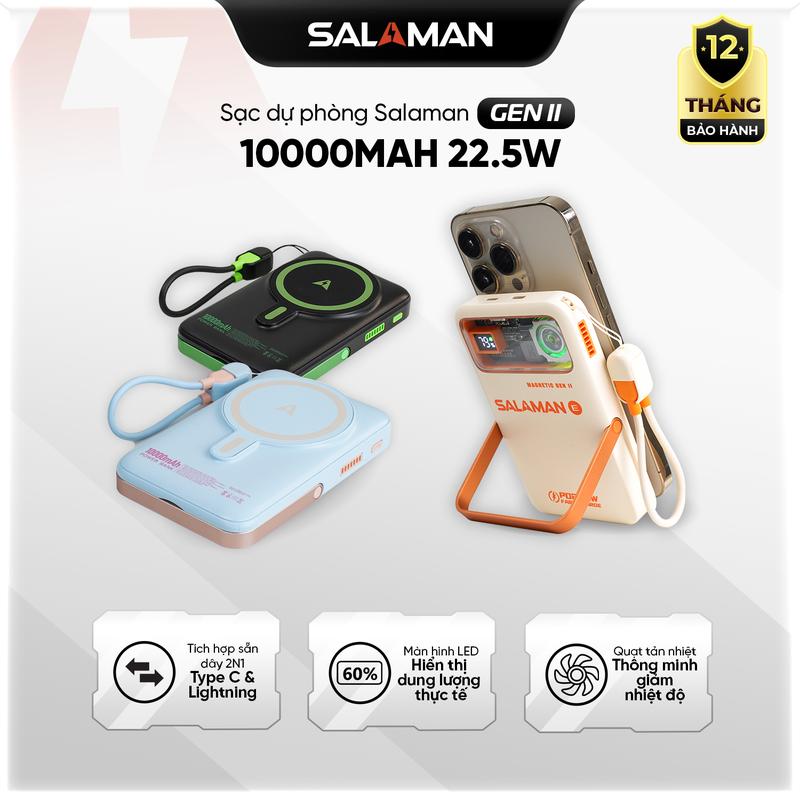  Sạc dự phòng Salaman AirFan GEN II 10000mAh-Sạc nhanh 22.5W kèm dây sạc nhanh 2in1 Type C+Lightning hỗ trợ sạc không dây quạt tản nhiệt thông minh bảo hành chính hãng 12 tháng 