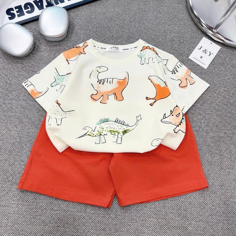   HaDuyenKids  Bộ Cộc Tay Khủng Long Trắng Cho Bé Trai Quần Cotton Cam Co Giãn 4 Chiều 