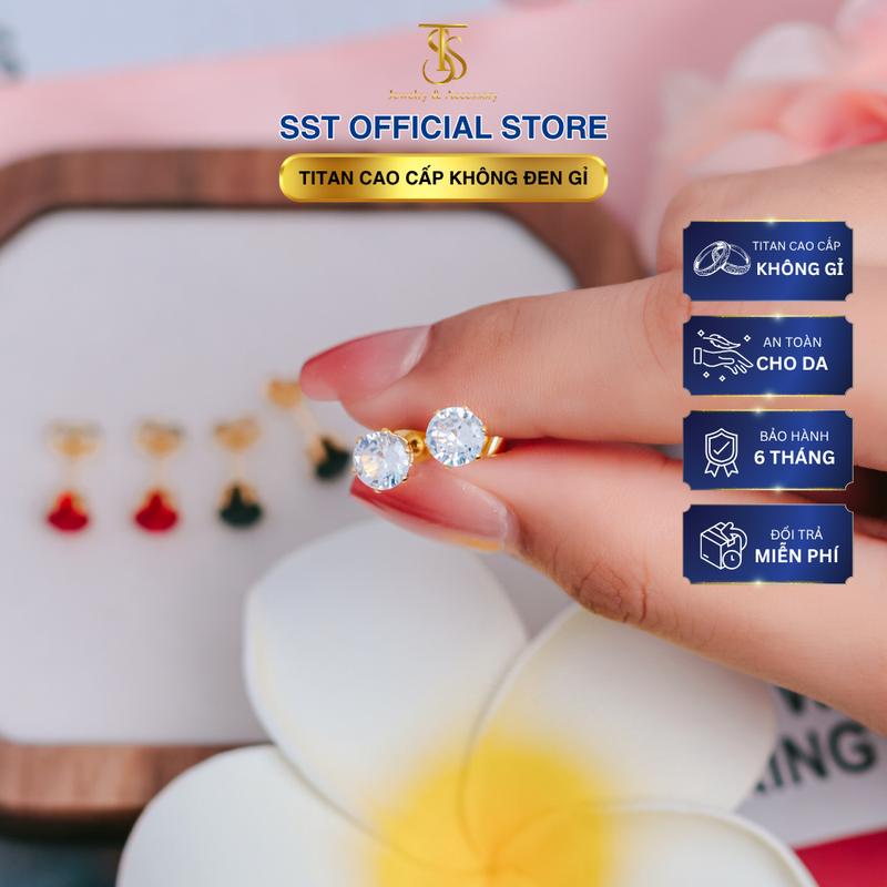 Bông Tai Nụ Titan SST Official Kiểu đính 1 viên đá sang Không Đen Gỉ BT80-81-82