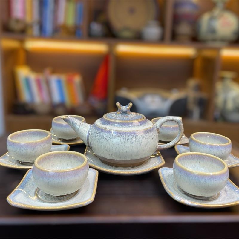 Bộ ấm chén men hoả biến - Gốm sứ bát tràng - màu tuyết sơn - dáng ấm thượng tân kiều - dung tích 380ml