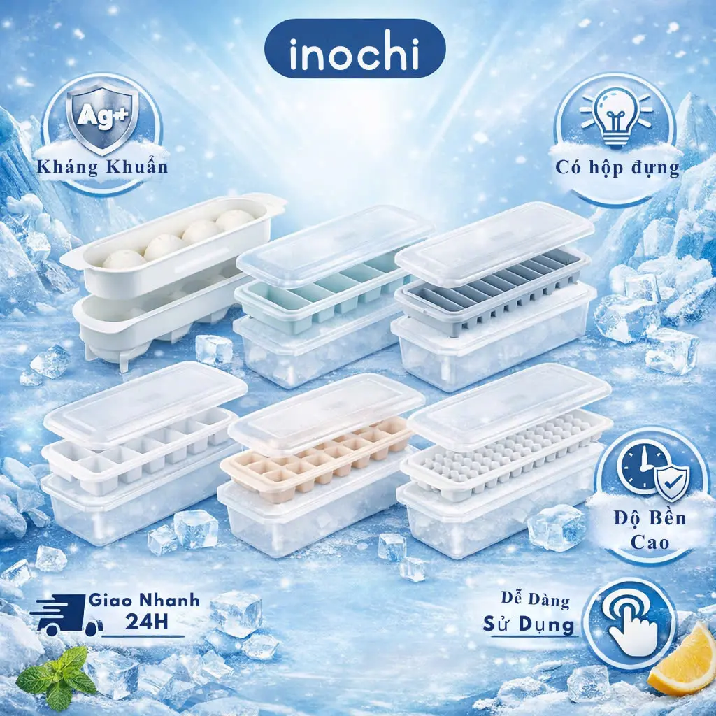 Khay đá Inochi chống dính, vỉ làm đá tủ lạnh kari Nhật Bản cỡ lớn chất liệu nhựa nguyên sinh cao cấp chính hãng