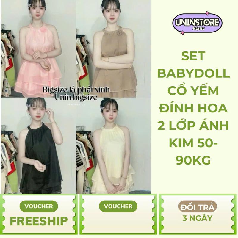Set babydoll cổ yếm đính hoa có khuy cài 2 lớp kèm chân váy tầm ánh kim 50- 90kg - Bs060