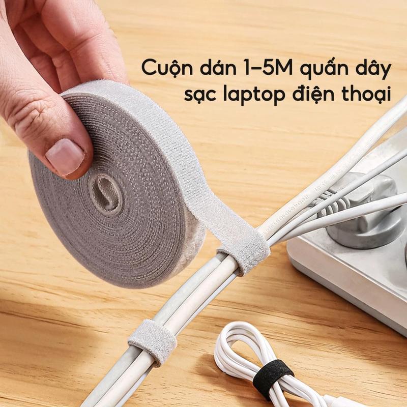 Cuộn Băng Dán Quấn Dây Cáp Sạc Dây Điện Dài 5m, Dây Băng Dính Gai Chống Rối…