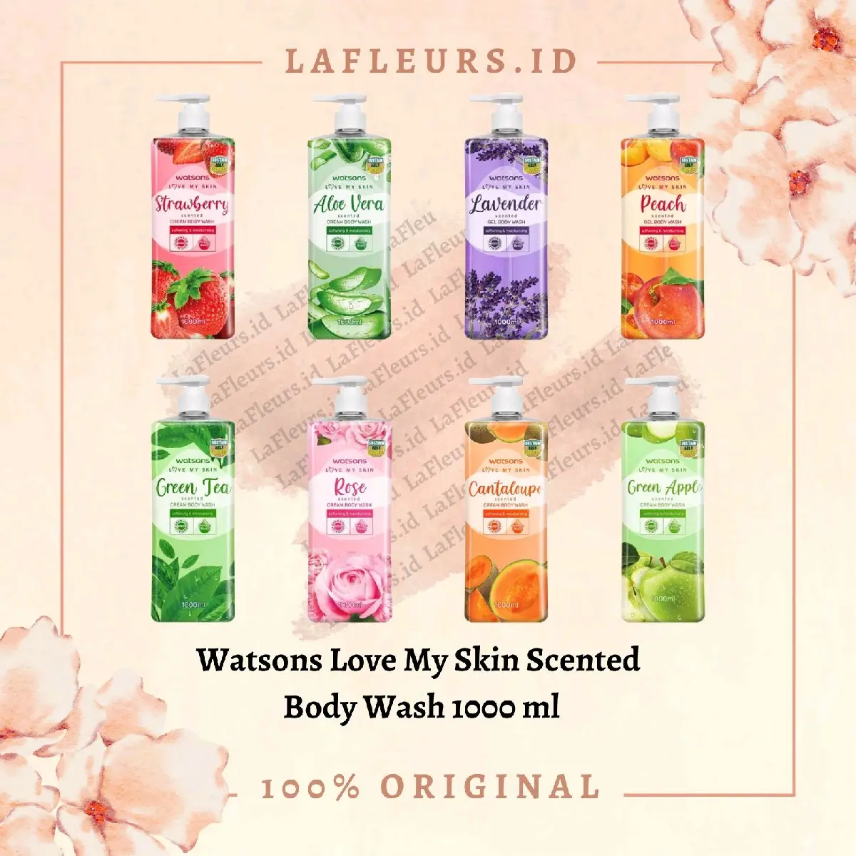 Watsons Love My Skin Scented Cream Body Wash  1000 ml Sabun Mandi Cair Wangi Aloe Vera / Strawberry / Green Apple / Rose / Lavender / Cantaloupe / Peach / Green Tea / Greentea 1 Liter Soap