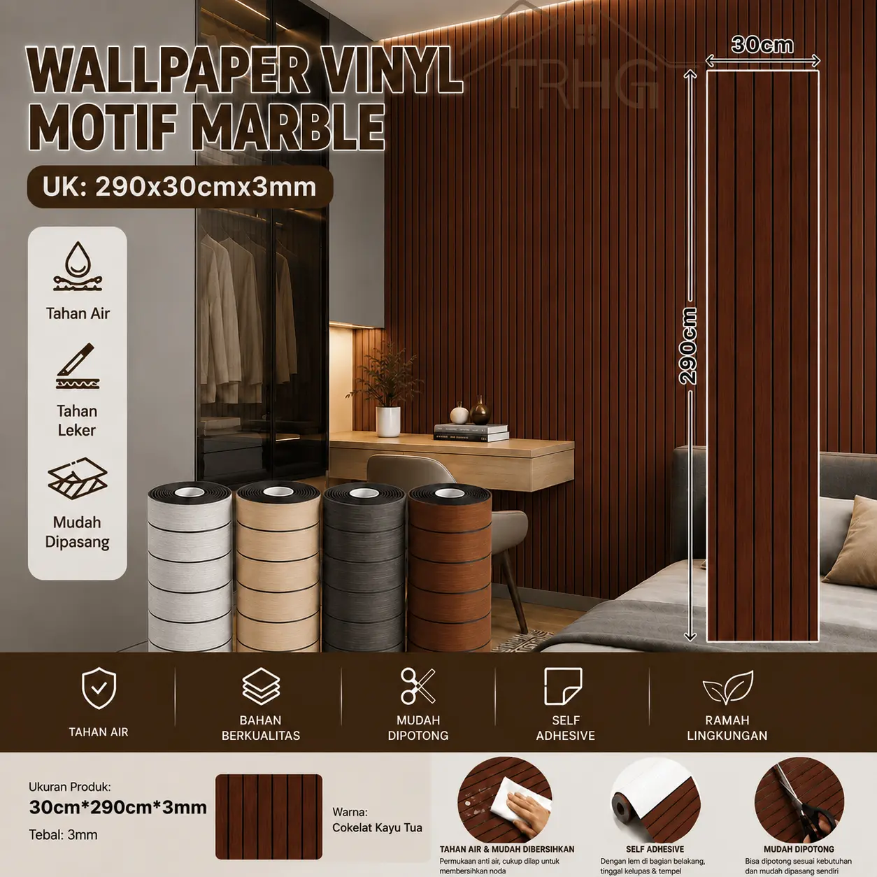 COD Wallpaper Sticker Wall Panel PVC Foam Premium WoodPanel 30*290CM Dinding Elegan 3D Motif Slat Kayu Self Adhesive Vinyl Marble RollTahan Air & Anti Rayap untuk Cafe