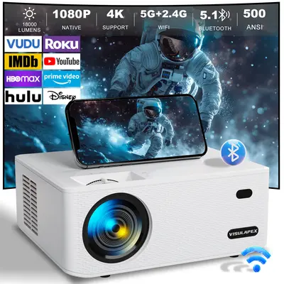 Native newest 1080P Projector 5G WiFi and 5.1 Bluetooth: 13000L 450 ANSI 4K Support 400