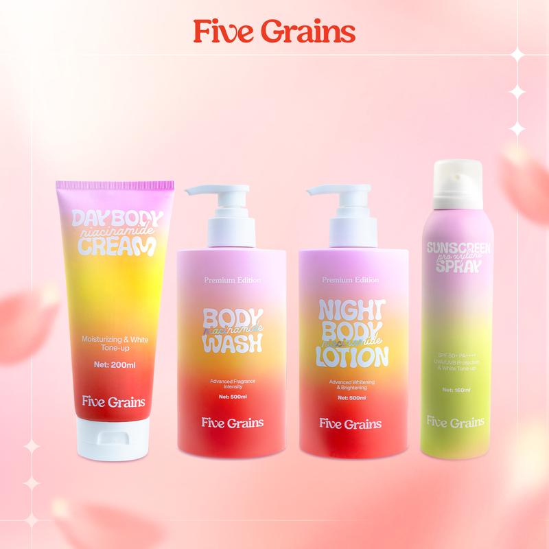 [I] Combo giúp sáng da, tái tạo và bảo vệ toàn diện Niacinamide, Alpha-Arbutin Five Grains(Sữa tắm 500ML & Kem dưỡng ban ngày 200ML & Kem dưỡng ban đêm 500ML & Xịt chống nắng 160ML) - A10
