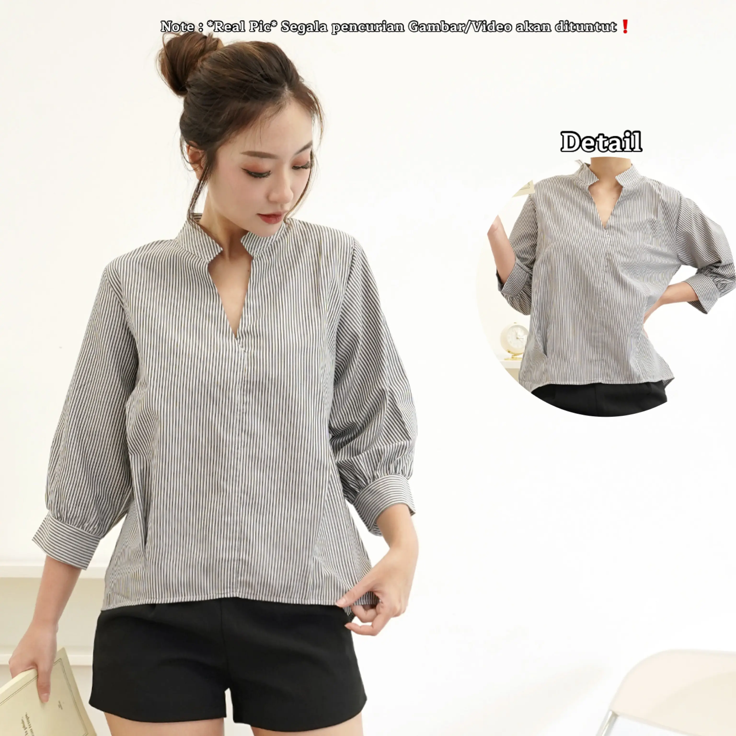 RED Moga Stripe Blouse 730/ V-Neck/ salur Korean Look Wanita/Atasan Katun Casual Top Dewasa
