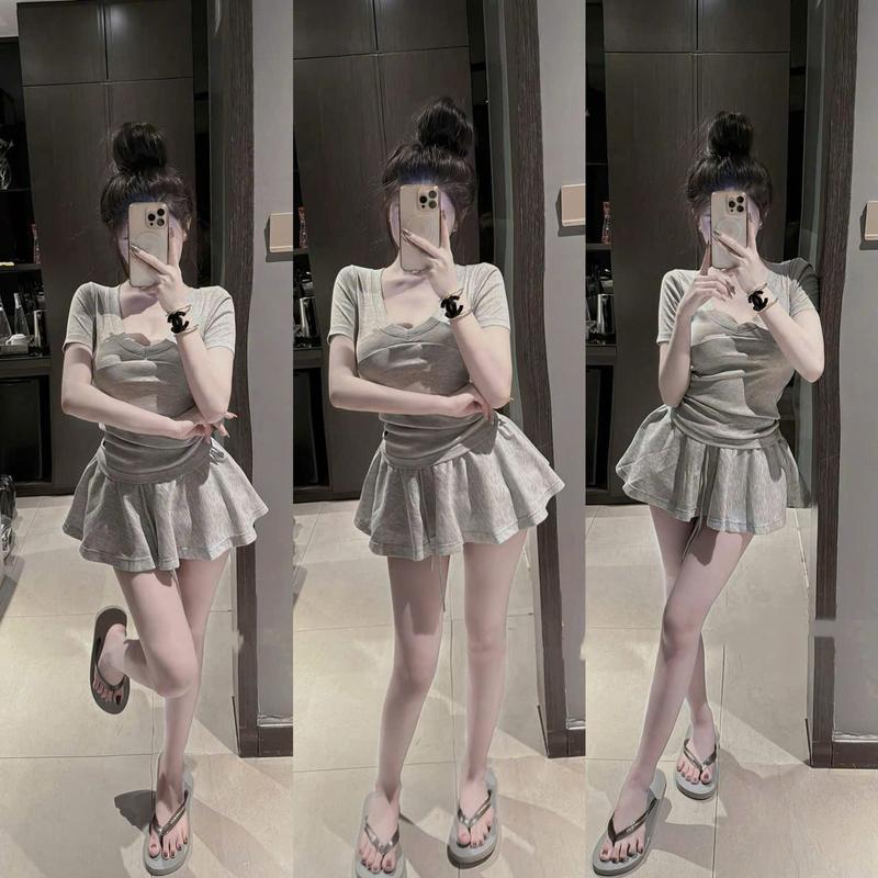   New Sét   Áo + Chân Váy   Áo thun cổ tim Tone Màu  Xám sang chảnh tôn da Hot Trend Mix Chân Váy dáng xòe tôn dáng Đi chơi Trẻ trung - Dành Cho Nữ + WOMEN TOP "lisa dress" 