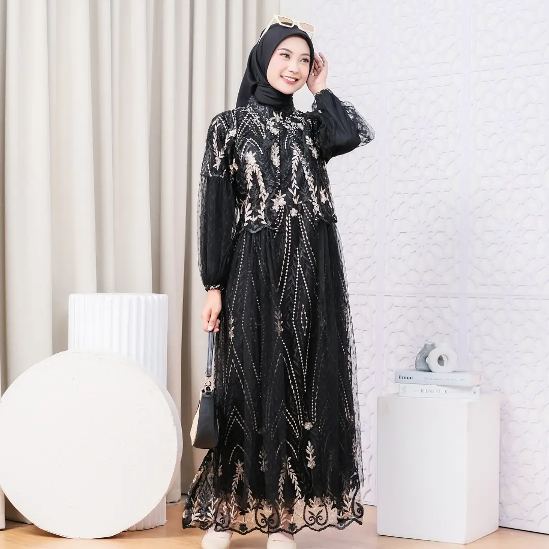RAISHA Azzahra Full Tile Brokat Dress / Gamis Pesta Wanita Muslim Dewasa Untuk  Lebaran, Wisuda, Kondangan Simple Tebal dan Mewah