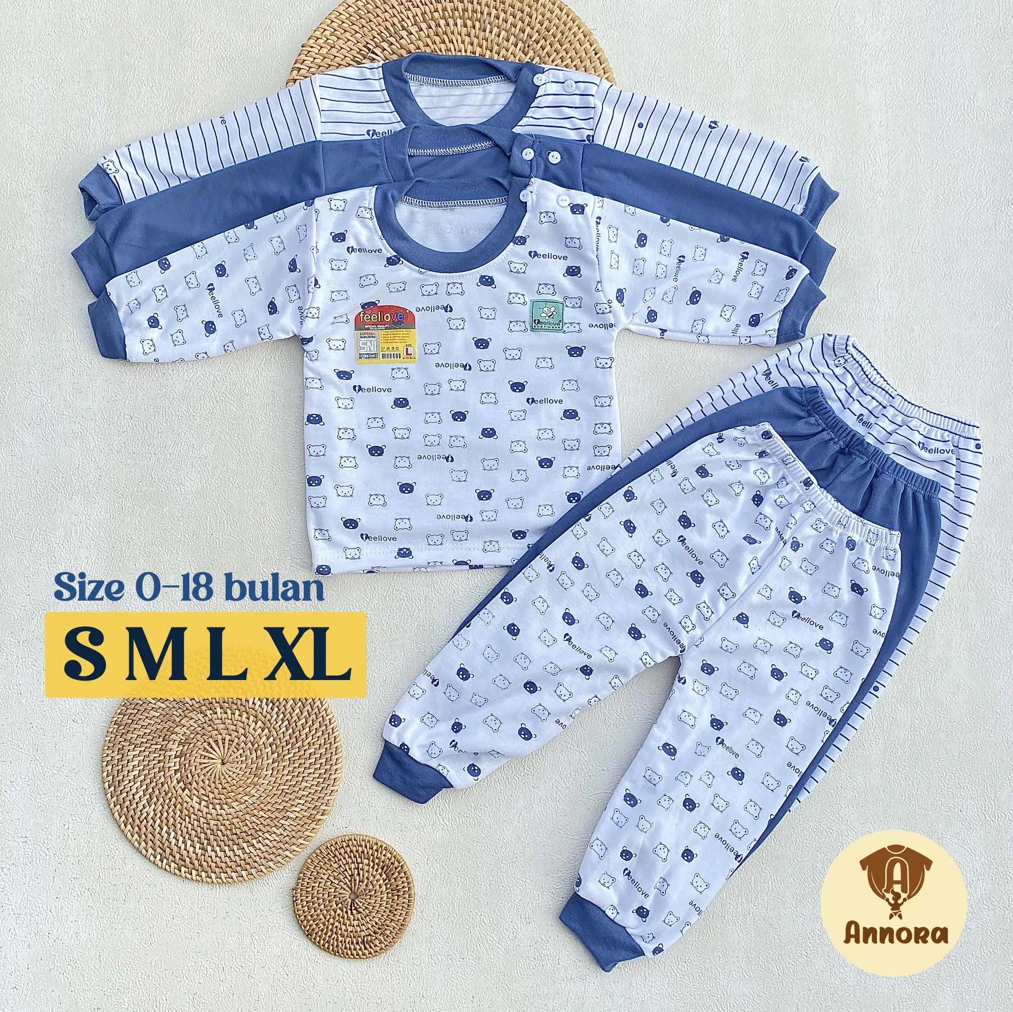 Setelan Bayi 0-18 Bulan S M L XL Baju Tidur Piyama Panjang Seri Warna Denim Bear Annora Baby - Boy