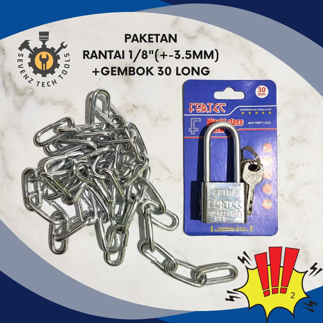 PAKETAN RANTAI 1/8" 1 METER + GEMBOK NIKEL 30 L / PAKETAN ANTI MALING RANTAI DAN GEMBOK 1 SET GEMBOK KUNCI RUMAH PAGAR SEPEDA MOTOR