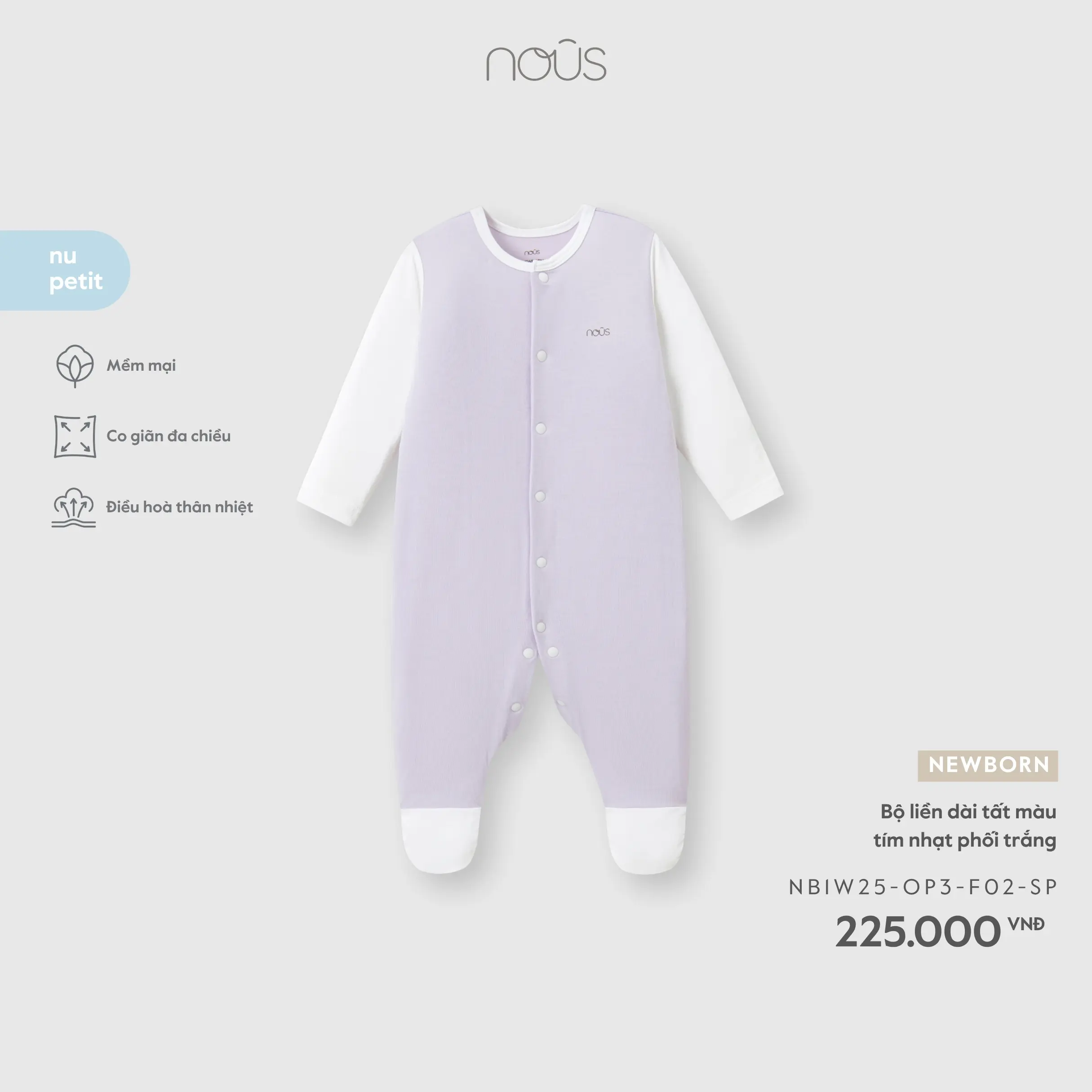 Bộ liền dài tất màu tím nhạt phối trắng NB