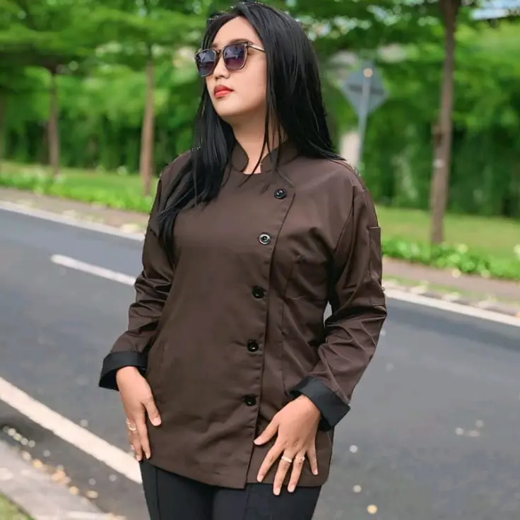 Baunster Baju Chef wanita Kupnat Bahan Drill Lengan Panjang