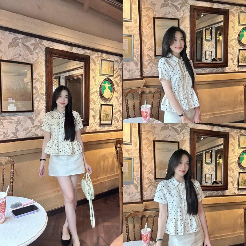 Áo sơ mi babydoll nữ chấm bi phối viền ren trẻ trung LAMO - B1462m