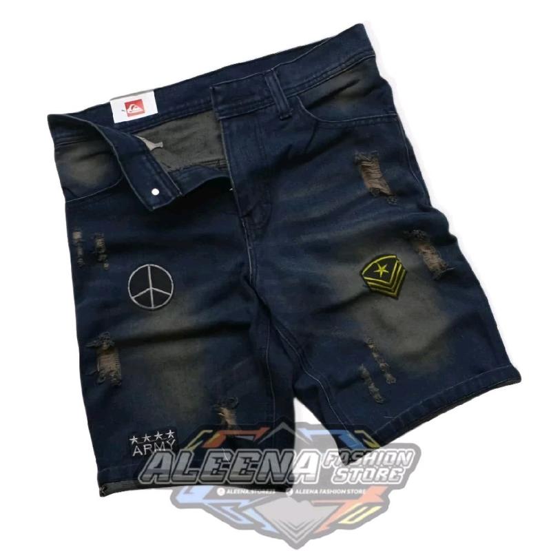 Celana Pendek Jeans Pria Model Sobek Emblem Bordil Size 27-38 Distro Skinny Denim Hitam Cowok Dewasa Biru 1