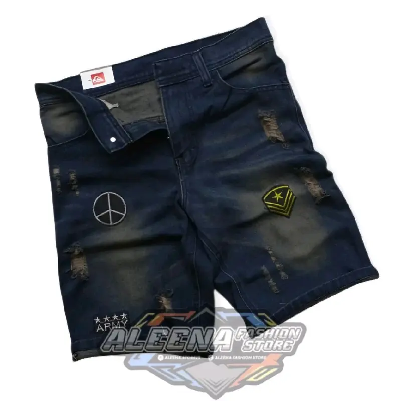 Celana Pendek Jeans Pria Model Sobek Emblem Bordil Size 27-38 Distro Skinny Denim Hitam Cowok Dewasa Biru 1