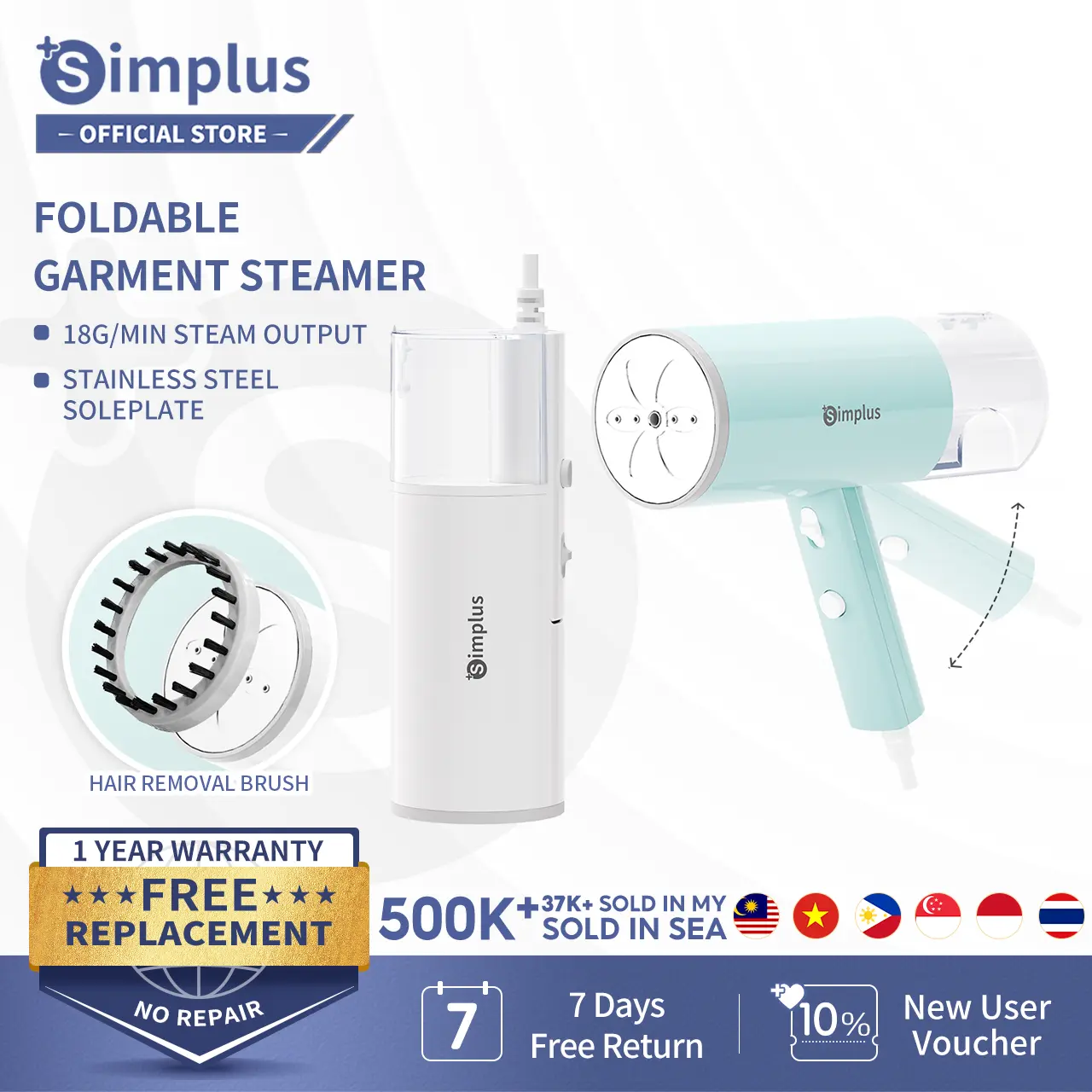 Simplus Handheld Garment Steamer Foldable Portable Stainless Steel Soleplate 170ml Water Tank