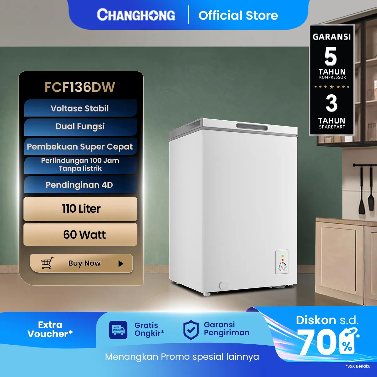Changhong Chest Freezer FCF136DW Kapasitas 110 Liter (Fast Freezing) (Design Look Minimalis) (Big Capacity)