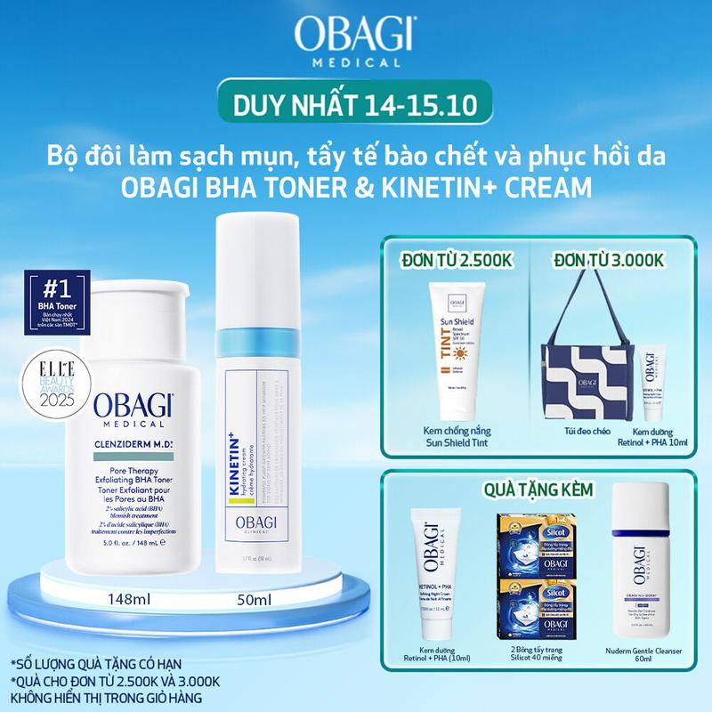 [OBAGI DAY] Bộ đôi dưỡng da Obagi: Toner BHA hỗ trợ làm sạch mụn và tẩy tế bào chết MEDICAL CLENZIDERM M.D. PORE THERAPY EXFOLIATING BHA TONER 148ml & Kem Dưỡng Phục Hồi Làm Dịu Da Obagi Clinical Kinetin+ Hydrating 50ml