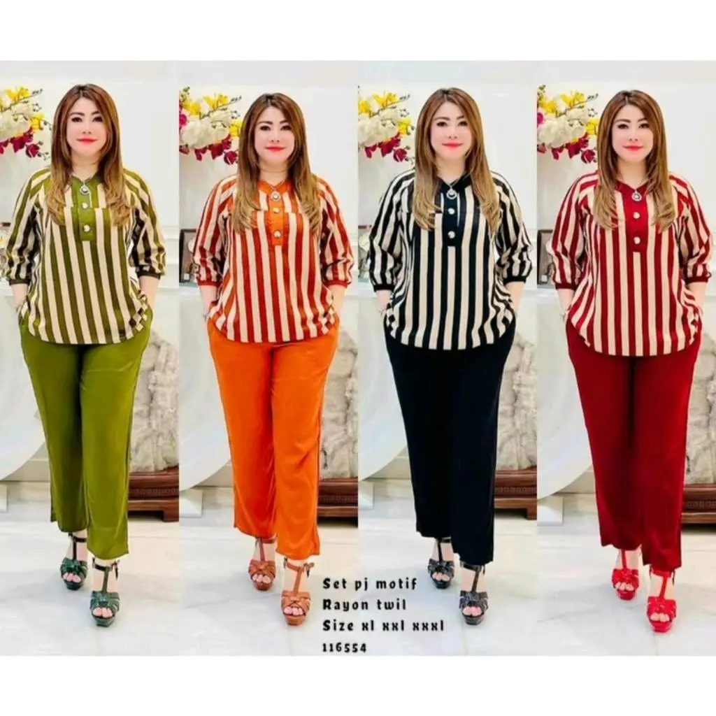 SET SALUR M L XL XXL TERLARIS 2024, pakean wanita Setelan Baju Celana Kancing Katun Motif Panjang Rayon Tebal Twill Formal