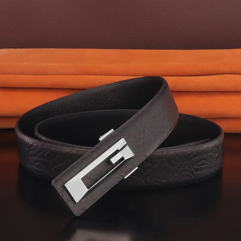 Thắt Lưng Chữ G, Da Thật, Dành Cho Nam, Dây Đeo Thắt Lưng, Màu Đen, Khóa Trượt Thời Trang, Rộng 3,3cm, Chất Lượng Cao