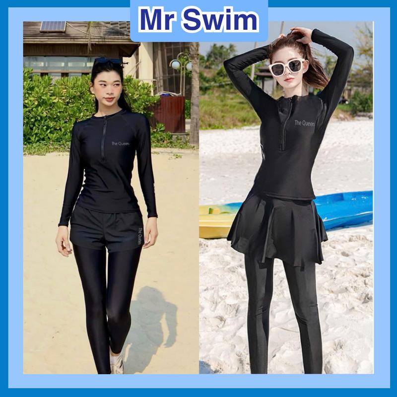  Đồ bơi nữ bikini rời mảnh  có bán lẻ   kín đáo đi biển ninja màu đen áo có khóa kéo tay dài quần dài 2 lớp và váy dài Ms Swim 003 