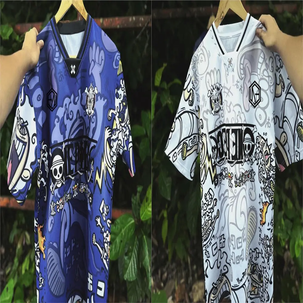 Custom V-neck One Piece Jersey – Blue or White Edition with Classic Logo & Anime Prints, Unisex