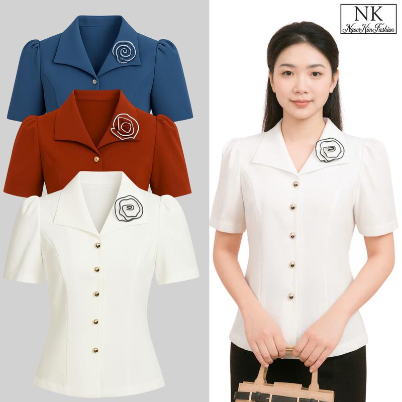 Áo sơ mi nữ công sở tay ngắn ,cao cấp,cổ Đính hoa peplum