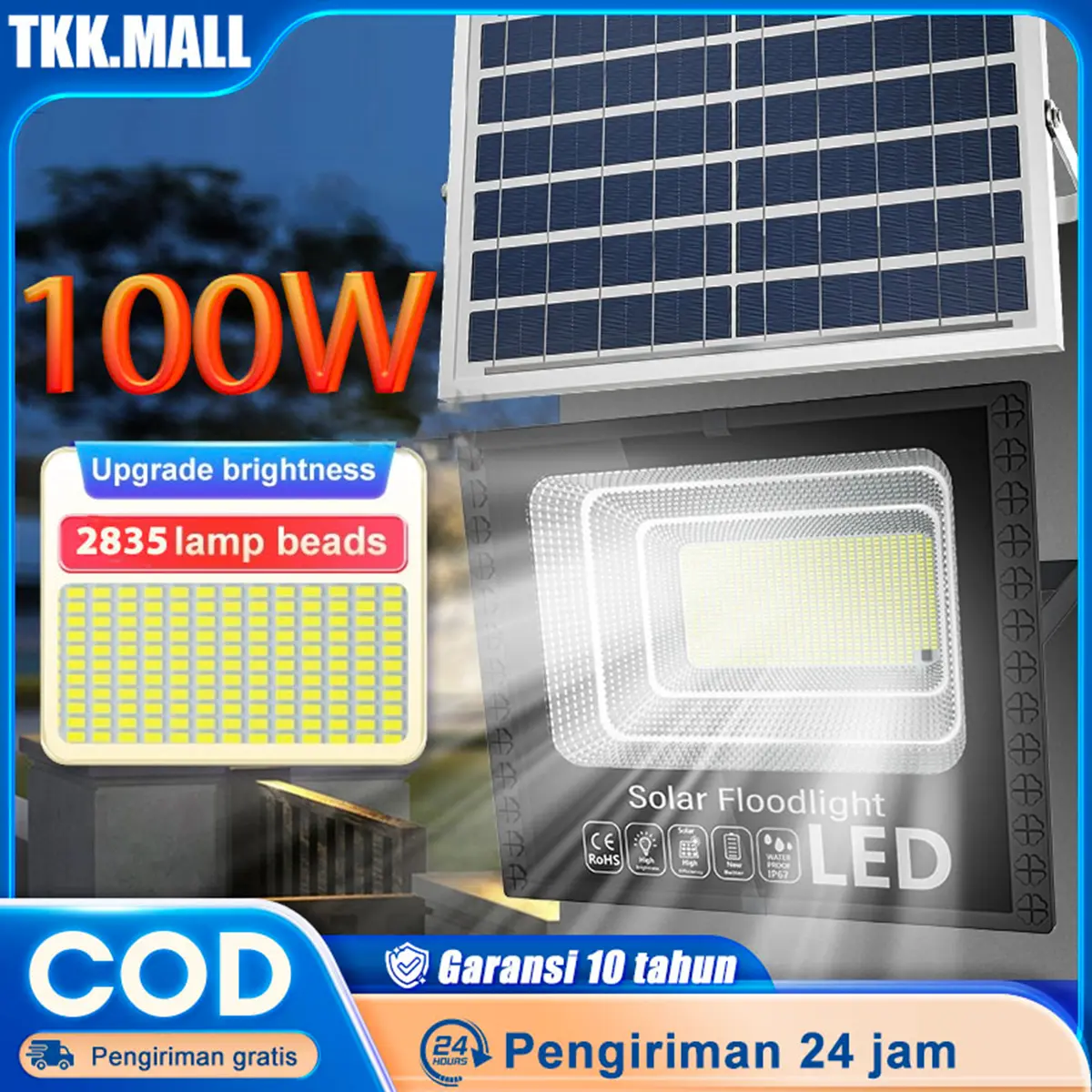 【READY STOCK】100W Lampu Sorot Tenaga Surya Solar Lampu  Lampu Taman Tenaga Surya Lampu Tenaga Surya Tahan Air Untuk Halaman Dan Jalan Desa Bar Tingkat Perlindungan Air IP67 Seluruh Tahun Tanpa Biaya Listrik Langit Gelap Menjadi Terang Secara Otomatis