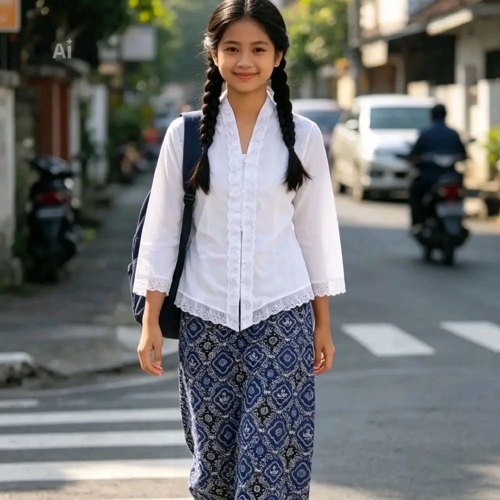 Setelan Kebaya Sekolah SMP Rok Batik Biru untuk Remaja Perempuan