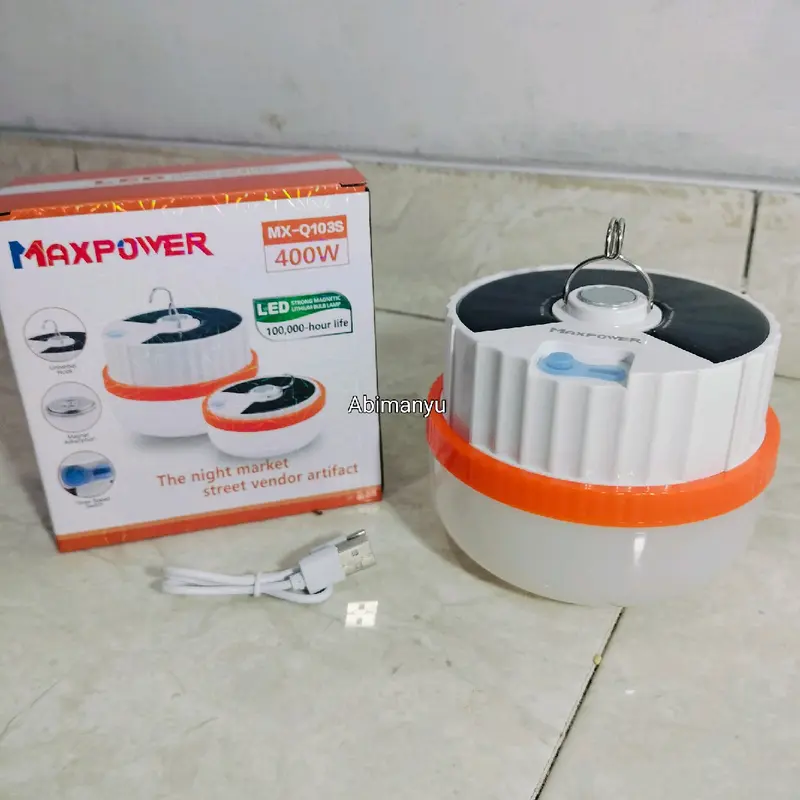 Lampu emergency maxpower 300 watt dan 400 watt 3 mode cahaya charger tipe C tahan hingga 6-8 jam Camping Gantung 1