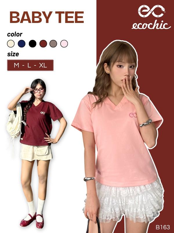 Áo Phông Baby Tee Cổ Tim ECOCHIC Chất Liệu Thun Mỹ Co Giãn 4 Chiều Vừa Vặn Local Brand Chính Hãng B163