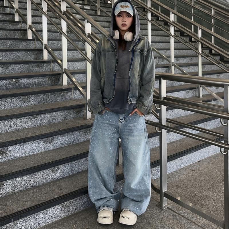 Quần Jean Dài Wash ĐÍNH ĐÁ BLING BLING FAFIC Studio ỐNG SUÔNG unisex Hàn Quốc Quần BAGGY Jeans dáng suông jean Nam Nữ