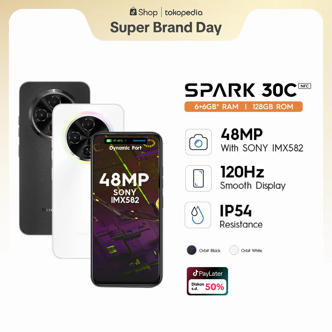 [Best Price] TECNO SPARK 30C – 6GB+6GB*+128GB, 120Hz Display, Sony 48MP Camera, Helio G81, 5000mAh, IP54, 7.8mm Ultra Slim, NFC, Garansi 12+1 Bulan