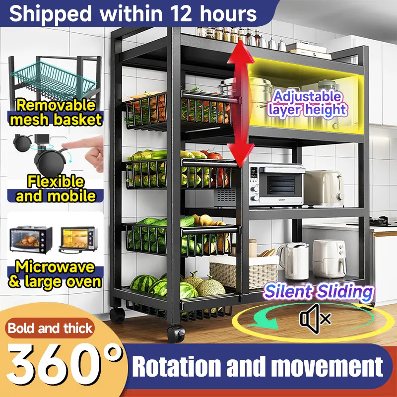【SG Ready Stock】5Layer-120cm Metal Kitchen Shelf Storage Rack Removable With Wheels Height Adjustable Multi Functional Oven/Microwave/Pot/ Organizer Vegetable Fruit Storeroom Rack With Layered Partition Basket
