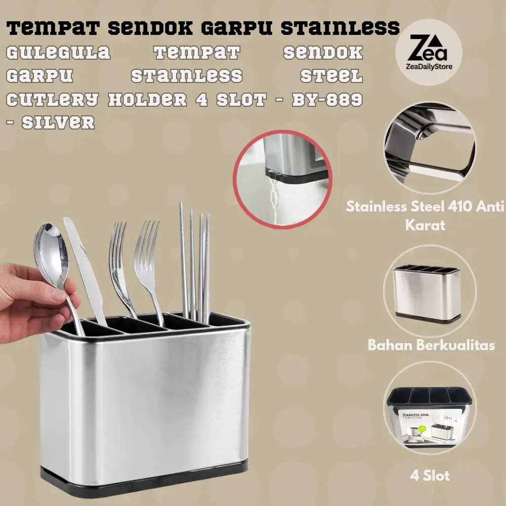 Tempat Sendok Garpu Stainless Steel Cutlery Holder 4 Slot - BY-889